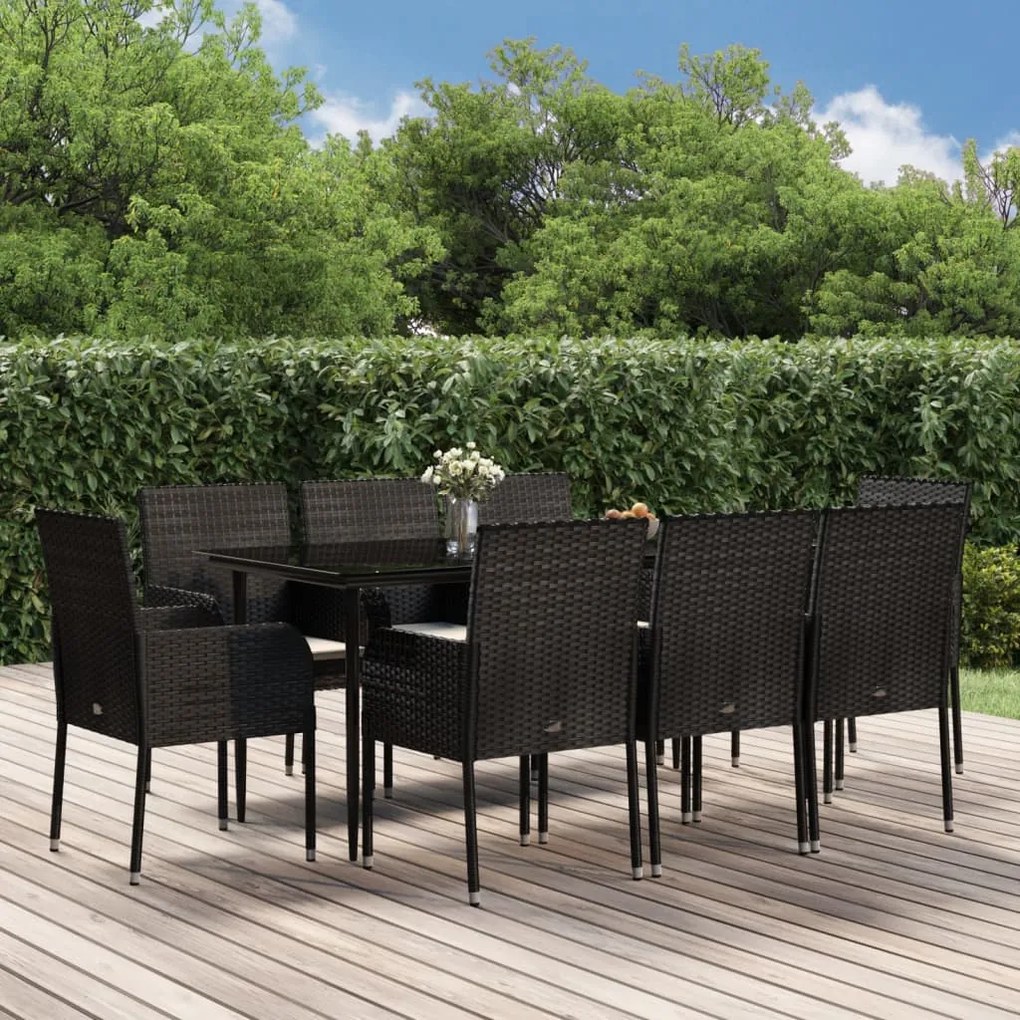 3185146 vidaXL Set mobilier de grădină cu perne, 9 piese, negru, poliratan