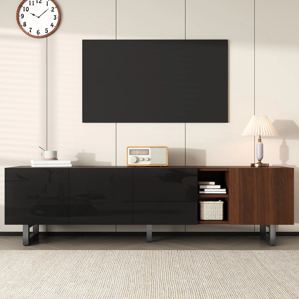 Dulap TV modern cu 4 uși, spațiu mare de depozitare, design vintage, 180x38x50 cm, Negru+Culoare naturală