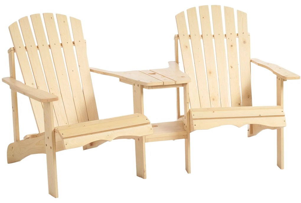 Outsunny Adirondack Gartenstuhl cu Masă și Orificiu pentru Umbrelă, 2 Locuri Scaun Grupa pentru Grădină Mobilier Exterior pentru Balcon Lemn Masiv Natural 178 x 87 x 92 cm | Aosom Romania