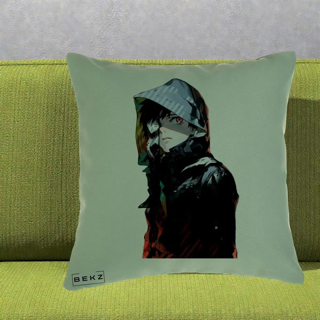 Perna Personalizata Tokyo Ghoul Ken Kaneki cu Masca si Gluga, 40x40 cm, Verde, Husa Detasabila, Perna Inclusa, BEKZ®