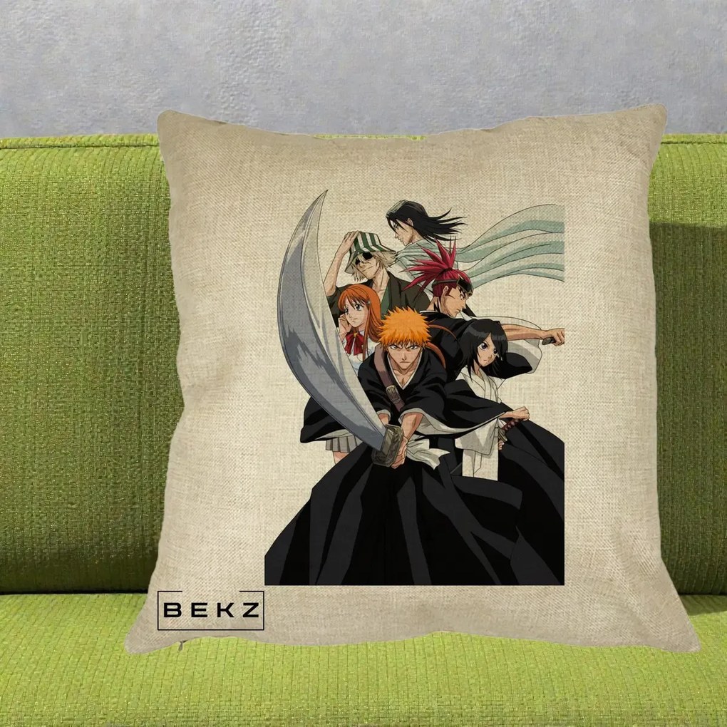 Perna Personalizata Bleach Grup Complet Ichigo si Prietenii, 40x40 cm, Crem, Husa Detasabila, Perna Inclusa, BEKZ®