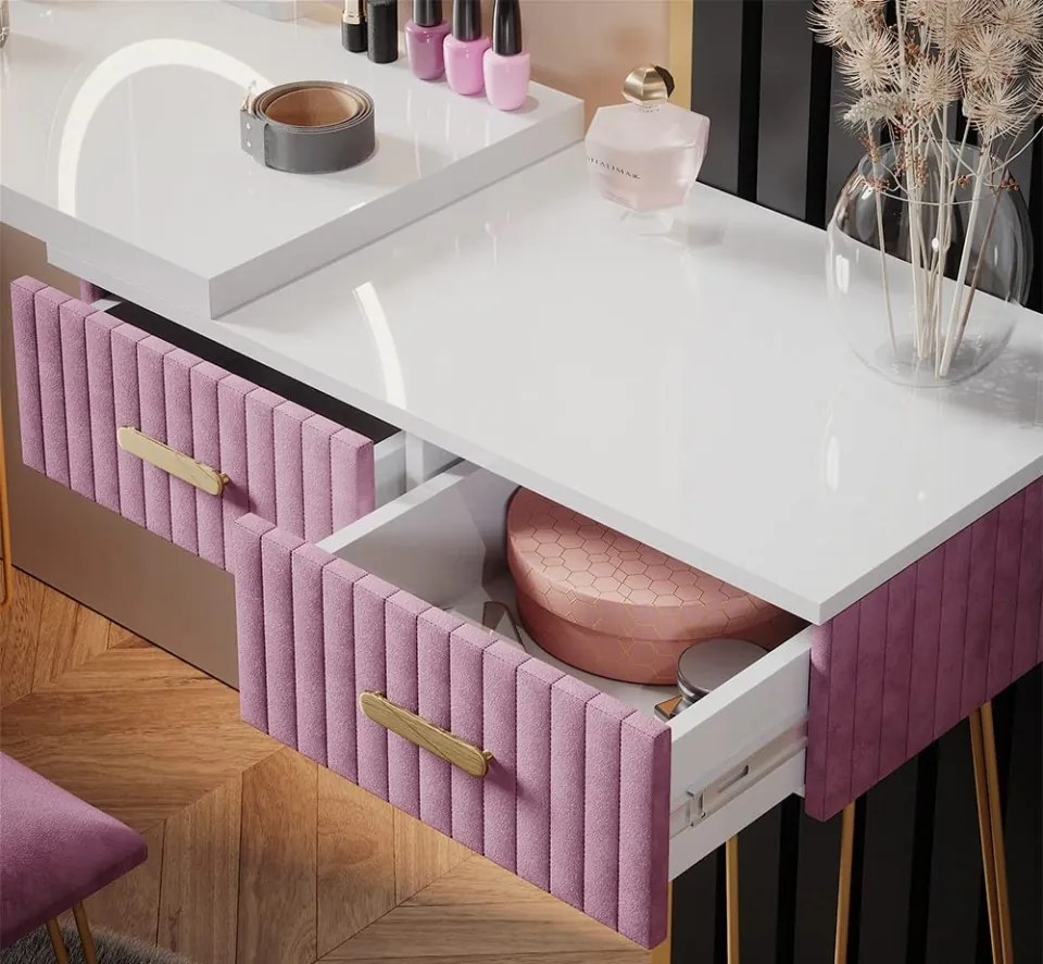 SEA394 - Set Masa toaleta, 120 cm, cosmetica machiaj, oglinda cu LED, masuta vanity, scaun tapitat - Alb-Auriu-Roz