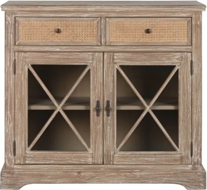 Bufet vintage în stil French Country, din lemn de bayur, natur, cu 2 uși vitrate și 2 sertare din ratan împletit, 91,5 x 100 x 45 cm, „Seraphine”