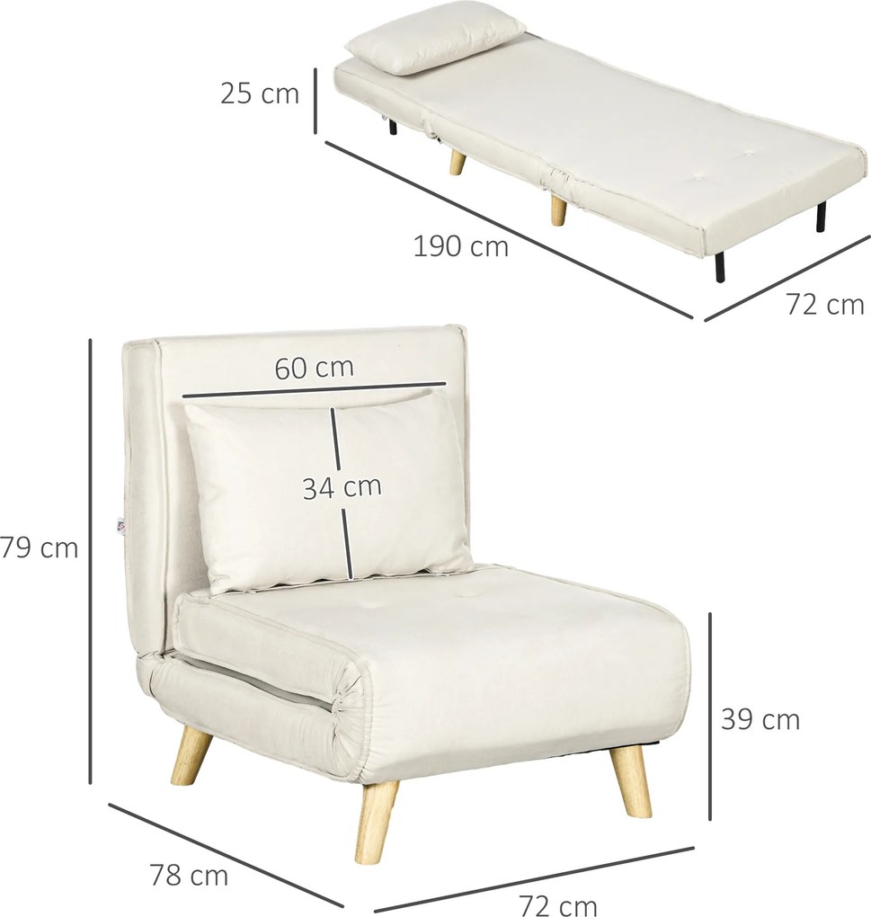 HOMCOM Fotoliu Pat Individual 2 în 1 cu Spătar Reglabil pe 6 Nivele și Pernă, Canapea Pat Individuală, 72x78x79 cm, Bej | Aosom Romania