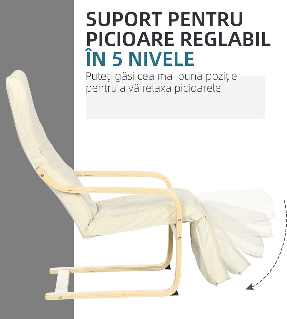 HOMCOM Fotoliu Relax cu Suport pentru Picioare Reglabil în 5 Nivele și Tetieră, 66,5x94x100 cm, Crem | Aosom Romania
