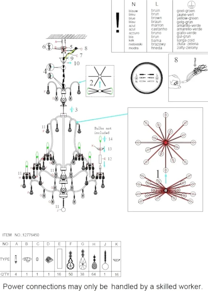Candelabru din metal, auriu, cu 16 brațe tip lumânare și cristale din sticlă transparentă, 160 x 120 cm, „Cambridge”