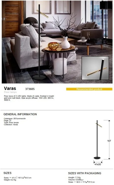 Lampadar LED dimabil design modern Varas negru/auriu