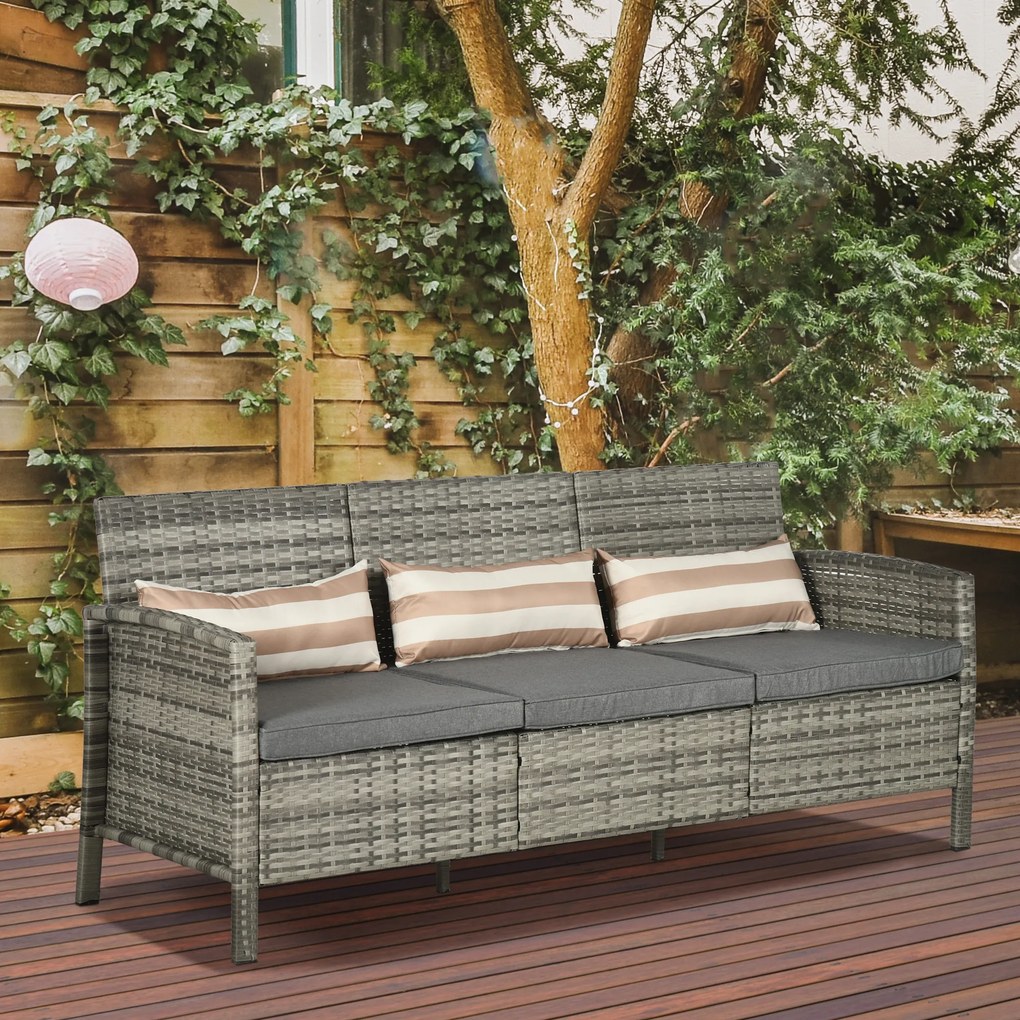 Outsunny Canapea pentru Exterior Gradina sau Terasa cu 3 locuri dim Ratan cu perne si dungi, Gri 173x68x78cm | Aosom Romania
