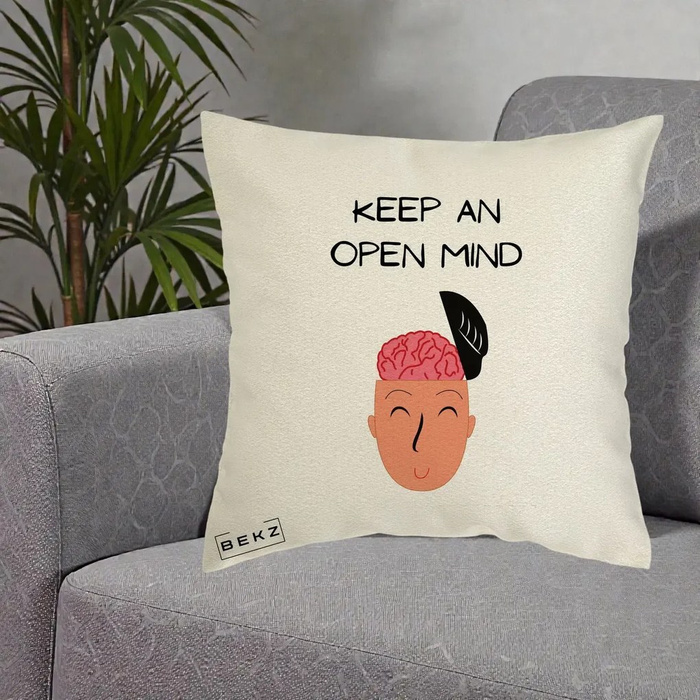 Perna Decorativa Keep An Open Mind, 40x40 cm, Ecru, Husa Detasabila, Perna Inclusa, BEKZ®