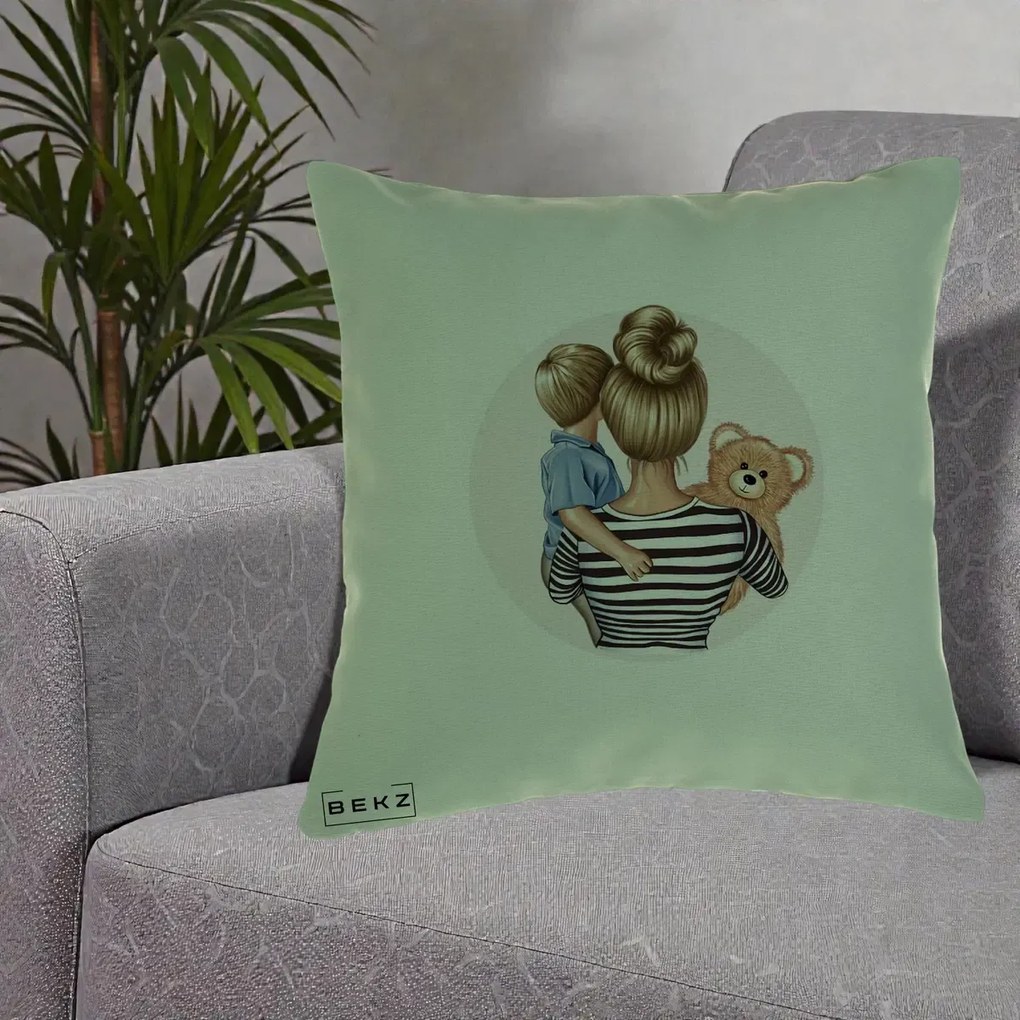 Cadou pentru Mama - Perna Personalizata Mama si Baietelul cu Ursulet, 40x40 cm, Verde, Husa Detasabila, Perna Inclusa, BEKZ®