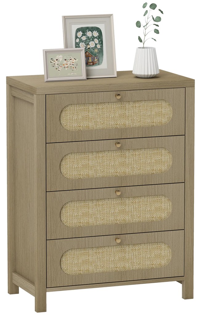 HOMCOM Comodă 4 sertare mobilier de depozitare stil boemian cu uși din răchită, 70 x 38 x 93 cm, efect lemn natural | Aosom Romania