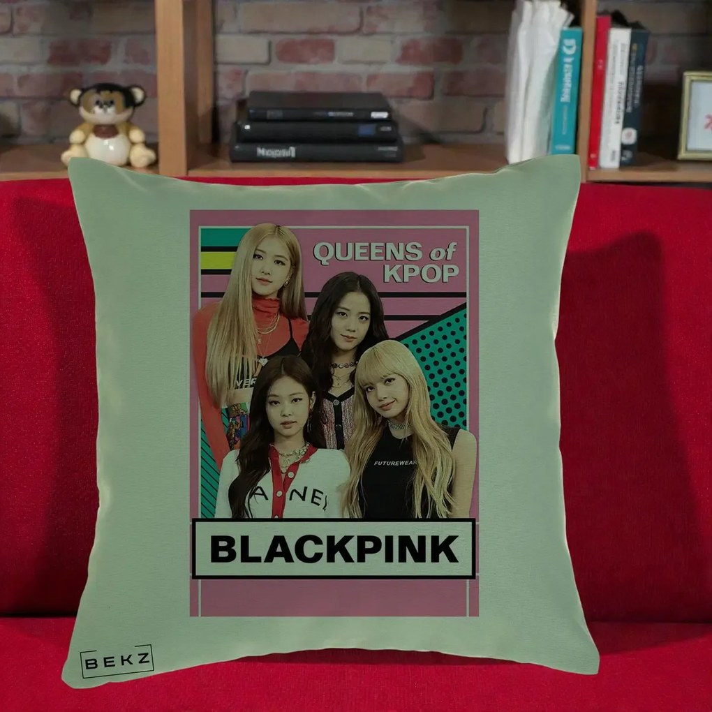 Perna Personalizata BLACKPINK Queens of Kpop, 40x40 cm, Verde, Husa Detasabila, Perna Inclusa, BEKZ®
