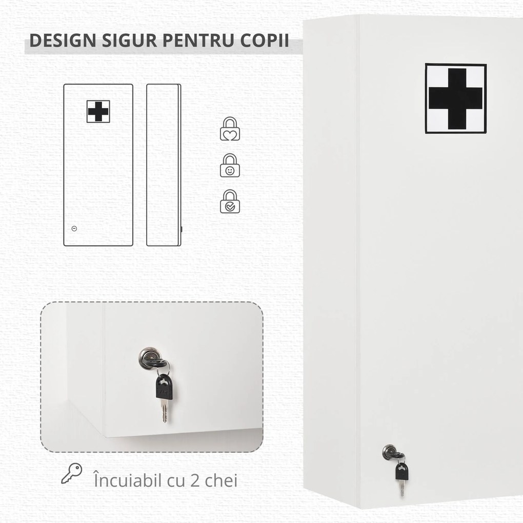 Dulapior de Perete pentru Medicamente cu Încuietoare, 5 Niveluri si Rafturi Reglabile, din Lemn si Sticla, Alb 30x20x70cm Kleankin | Aosom Romania