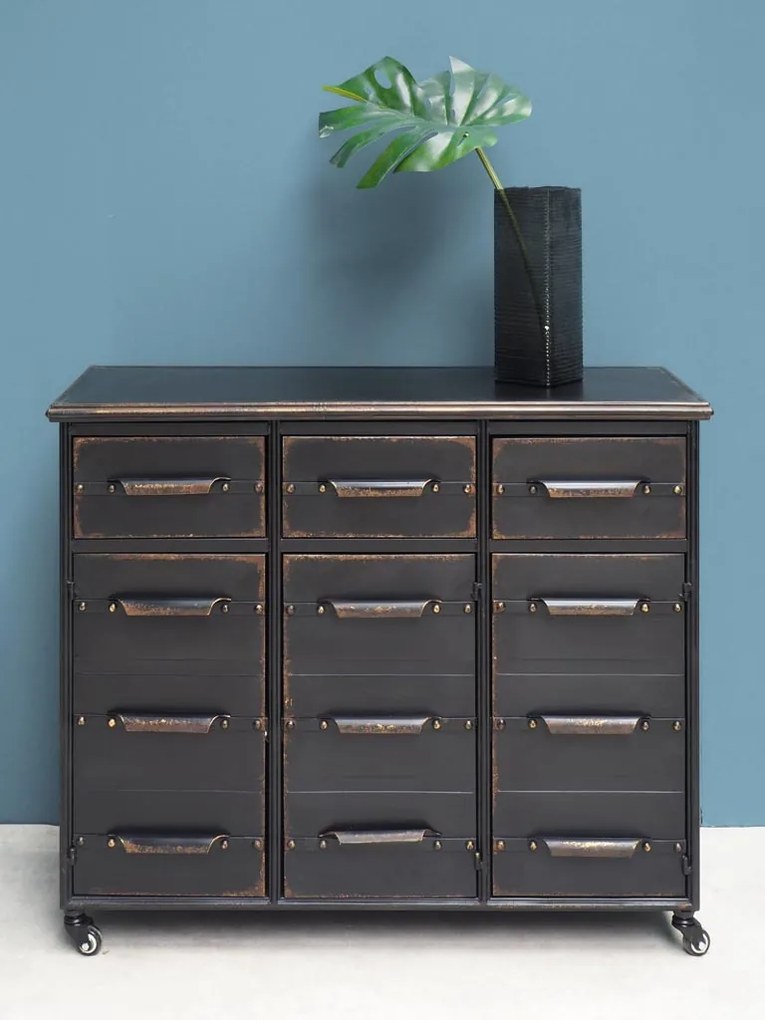 Comoda neagra, din metal, cu 3 sertare si 3 usi, aspect industrial, Lupin