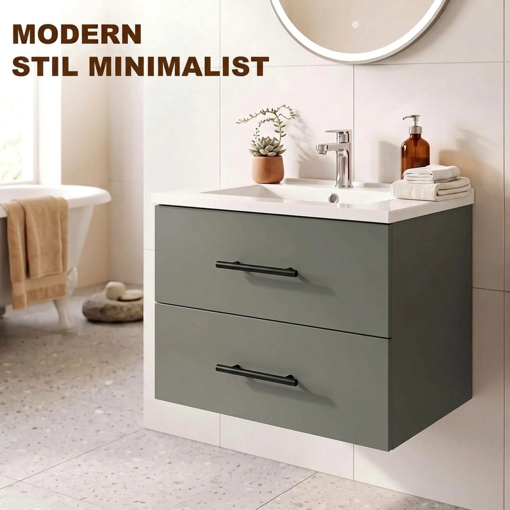HOMCOM Dulap pentru Baie cu Lavoar din Ceramică, 2 Sertare, 61 x 40 x 48 cm, Verde | Aosom Romania