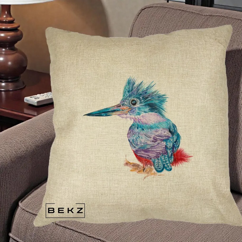 Perna Decorativa Pasare Martin Pescar Acuarela Albastru-Mov, 40x40 cm, Crem, Husa Detasabila, Perna Inclusa, BEKZ®