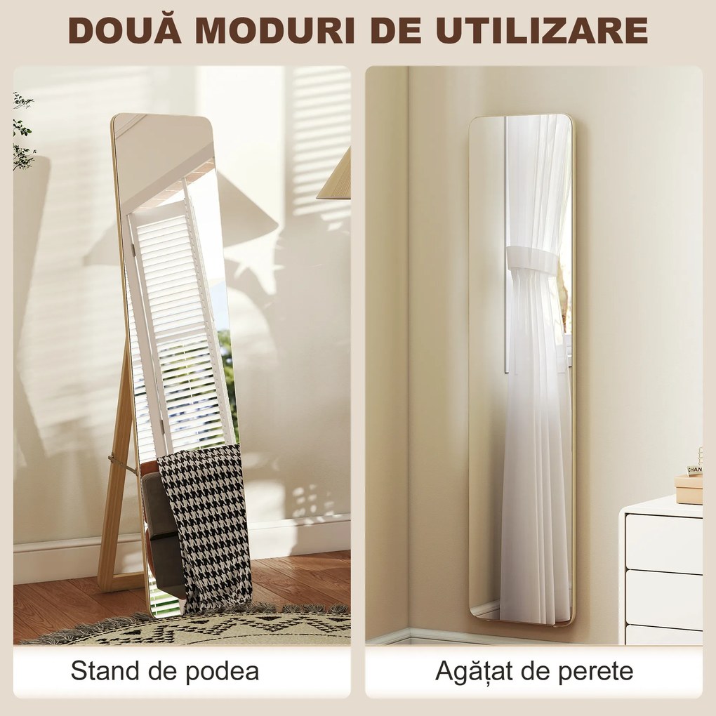 HOMCOM Oglindă de Podea și de Perete cu Cadru din Lemn și Suport Pliabil, 37 x 43 x 156 cm, Culoare Lemn | Aosom Romania