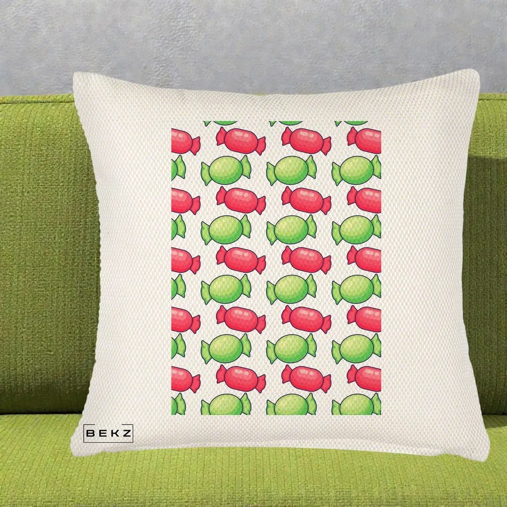 Perna Decorativa Bomboane Craciun Pattern, 40x40 cm, Crem Reliefat, Husa Detasabila, Perna Inclusa, BEKZ®