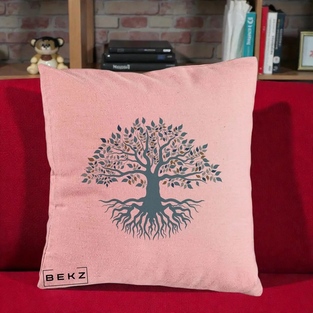 Perna Decorativa Copacul Vietii Teal cu Radacini, 40x40 cm, Roz, Husa Detasabila, Perna Inclusa, BEKZ®