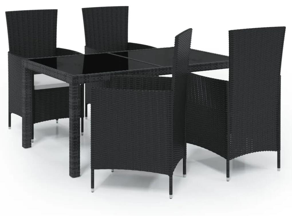 Set mobilier de exterior cu perne, 5 piese, negru, poliratan Negru, Lungime masa 150 cm, 5