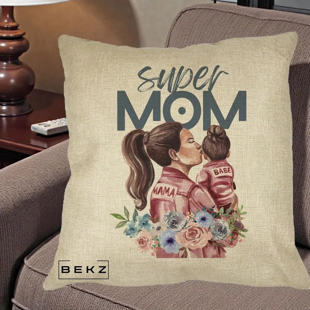Cadou pentru Mama - Perna Personalizata Super Mom Mama cu Bebelusul, 40x40 cm, Crem, Husa Detasabila, Perna Inclusa, BEKZ®