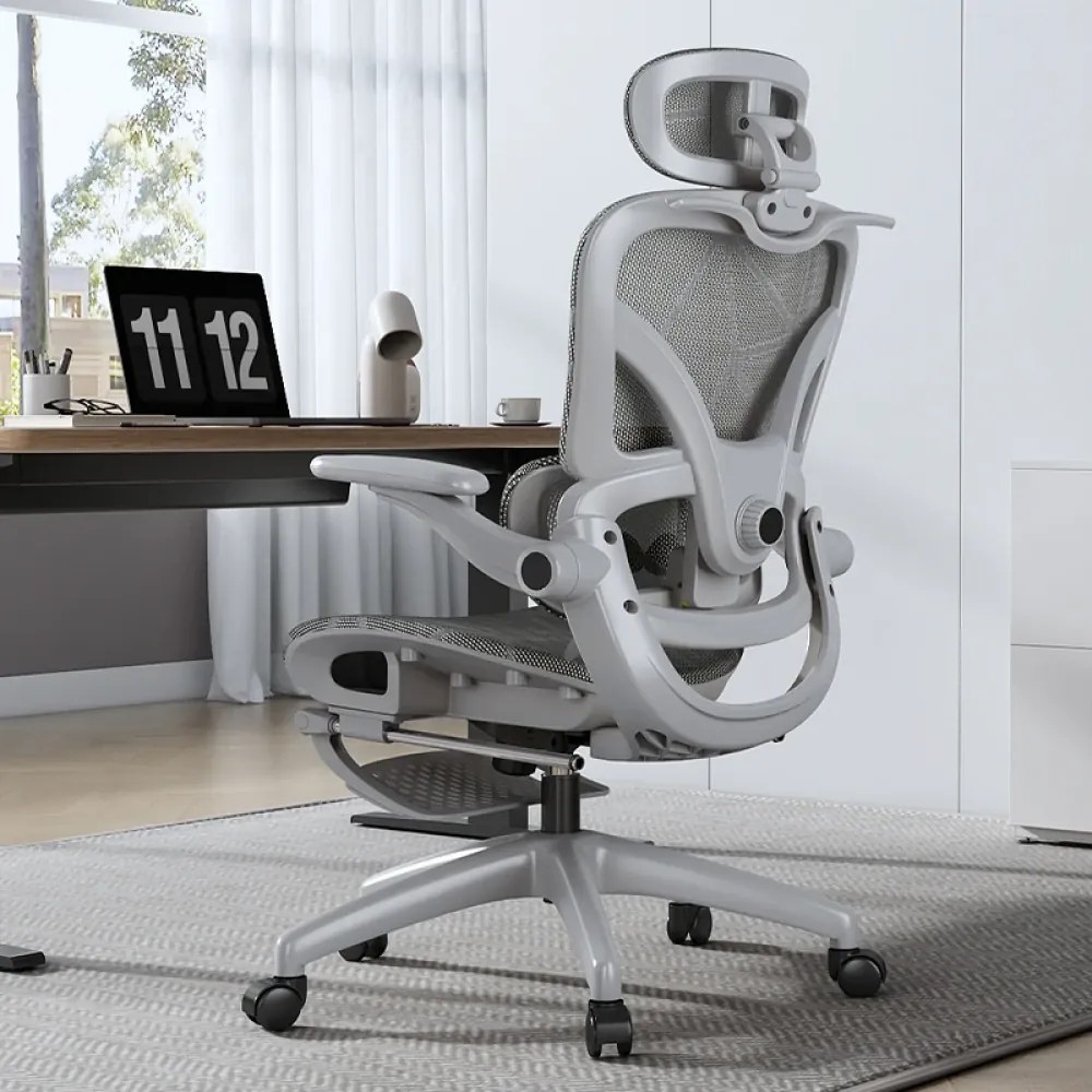 RESIGILAT- ErgoVision Pro – Scaun Ergonomic, Suport Lombar Reglabil, Umeras, Cotiere Rabatabile, Suport pentru Picioare, Mesh, Gri