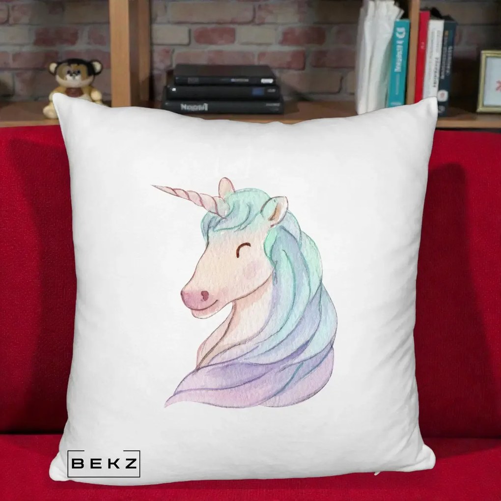 Perna Decorativa Unicorn Acuarela Pastel, 40x40 cm, Alb Pufos, Husa Detasabila, Perna Inclusa, BEKZ®