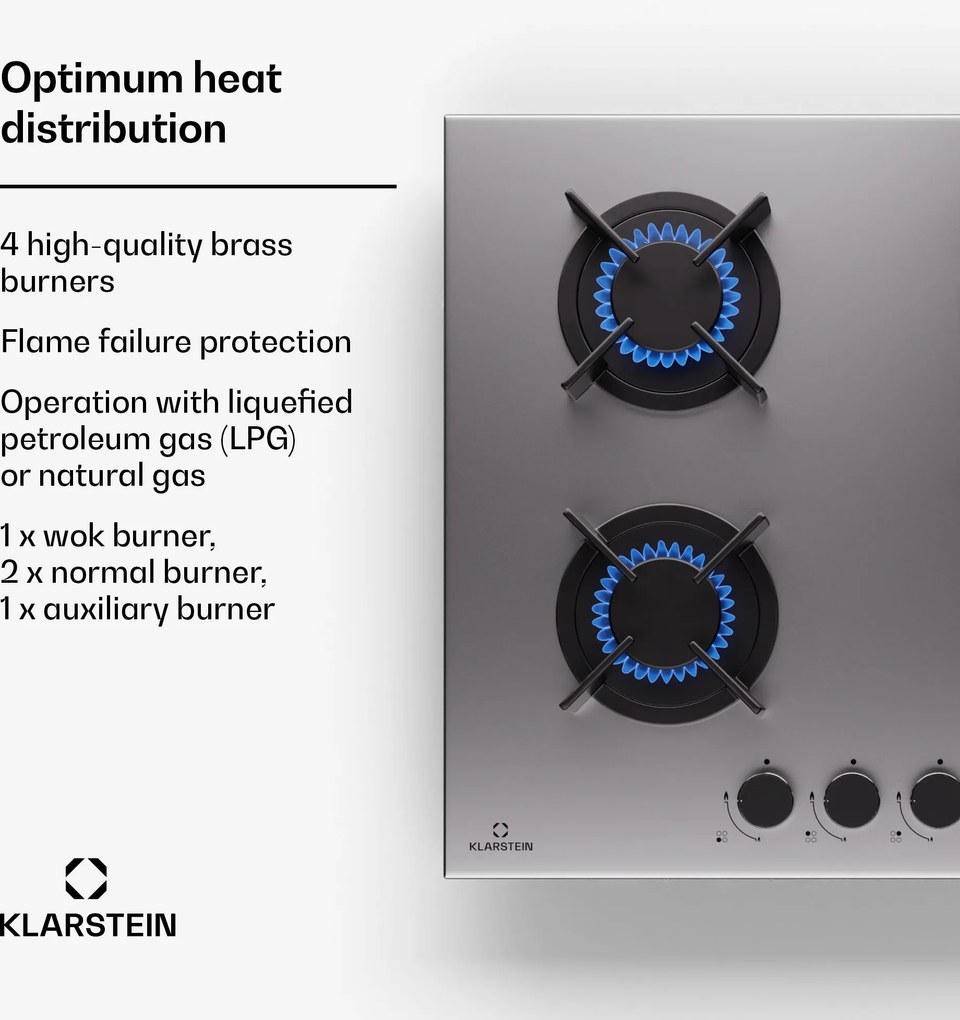 Klarstein Goldflame 4, plită cu gaz, 4 arzătoare, autonomă, gaz natural/propane, oțel inoxidabil