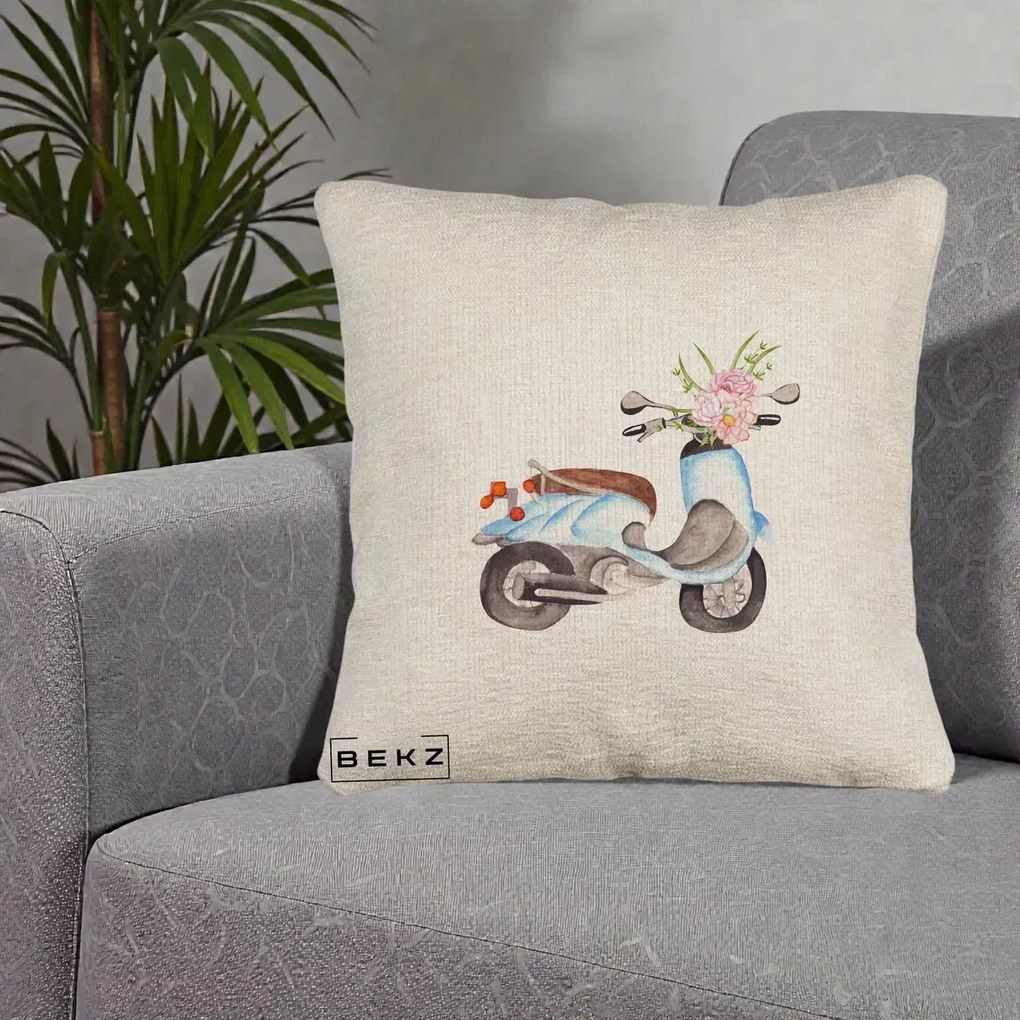 Perna Decorativa Scuter Albastru cu Flori Acuarela, 40x40 cm, Bej Canapea, Husa Detasabila, Perna Inclusa, BEKZ®