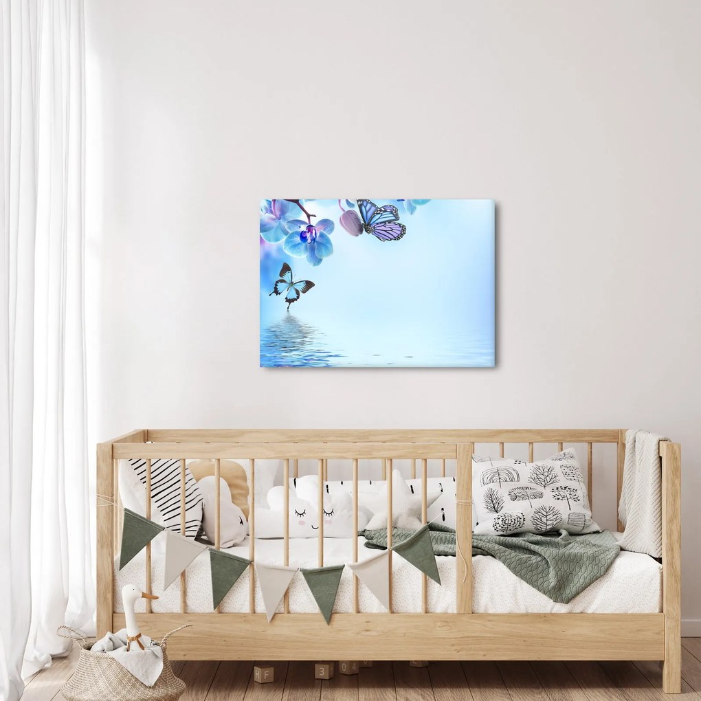 Tablou - Fluture pe flori de orhidee, albastru (70x50 cm)