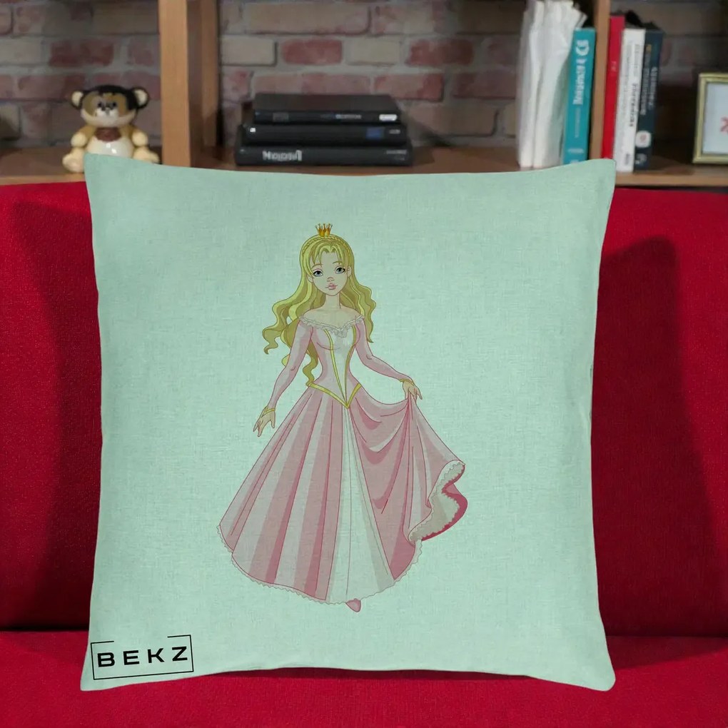Perna Decorativa Printesa Aurora Rochie Roz, 40x40 cm, Verde Menta, Husa Detasabila, Perna Inclusa, BEKZ®