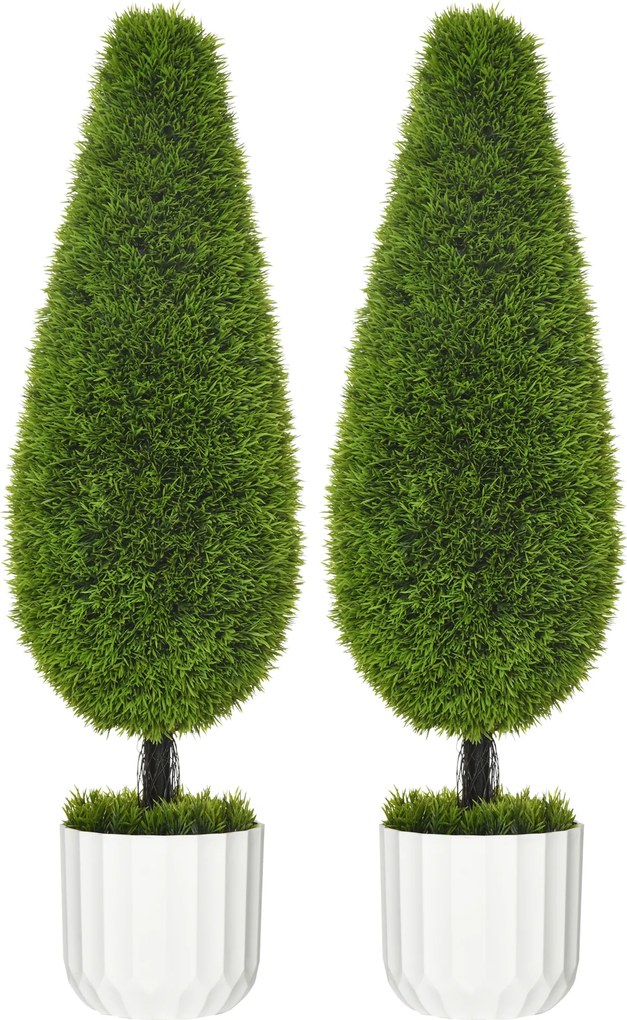Set 2 Plante Artificiale cu Ghiveci de Ø12x16 cm, Muschi si Ciment, Plante Artificiale de 90cm din PE si Plastic, Verde-Alb HOMCOM | Aosom Romania