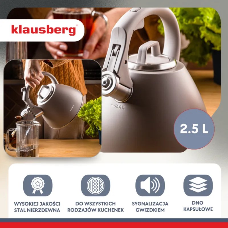 Fierbător fluierător Klausberg KB 7953, 2.5 l, Oțel inoxidabil, Mâner termoizolant, Inducție, Bej