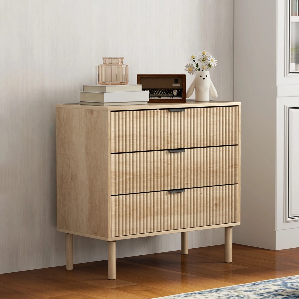 HOMCOM Comodă cu 3 Sertare, Picioare din Lemn Masiv și Design Canelat, 80x40x77,5 cm, Lemn Natural | Aosom Romania
