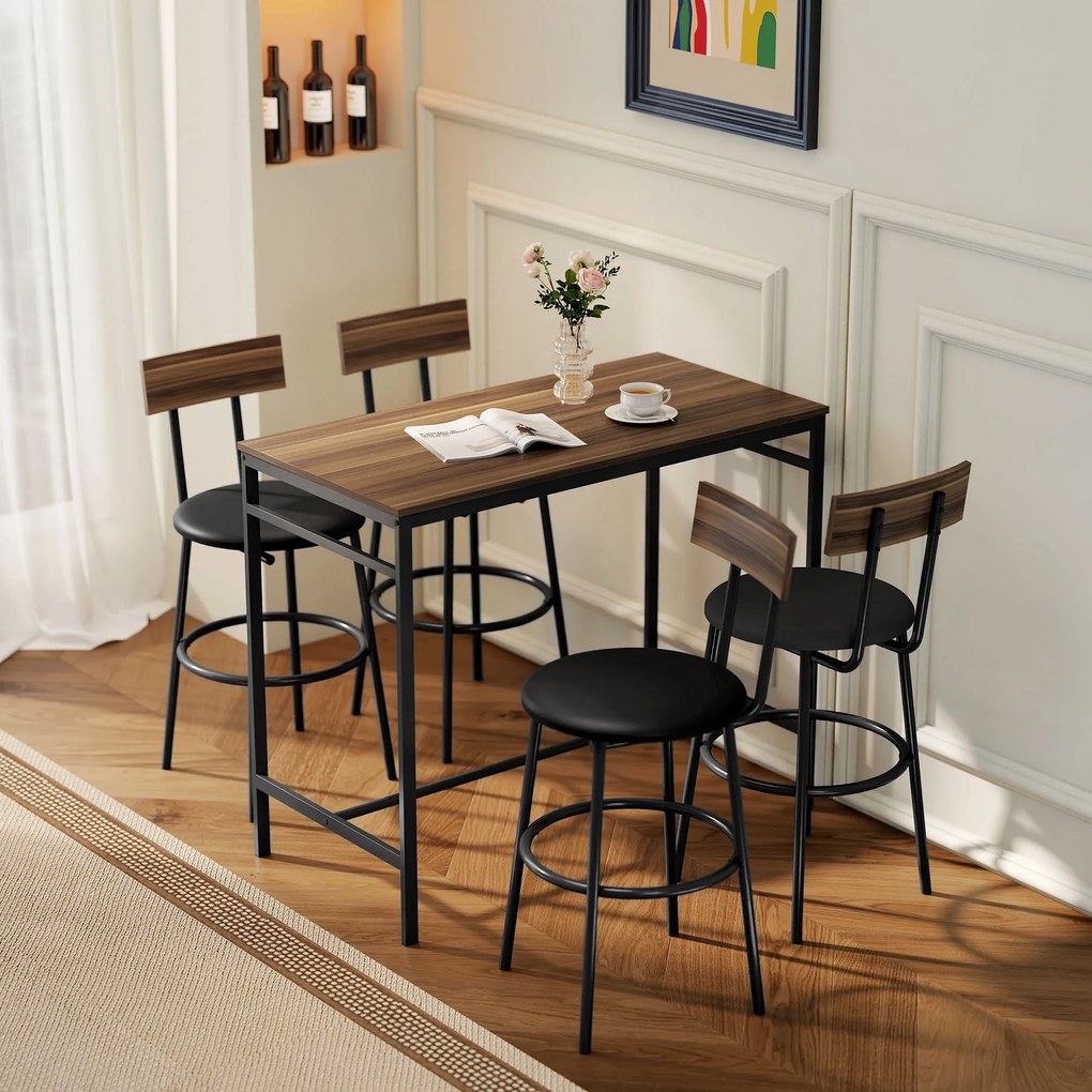 HOMCOM Set masă de bar 5 piese cu 4 scaune, design industrial, pentru bucătărie, sufragerie, lemn, oțel, maro | Aosom Romania