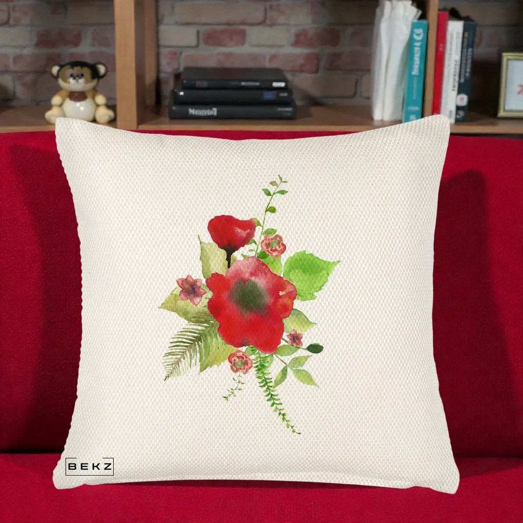 Perna Decorativa Buchet Rosu Acuarela, 40x40 cm, Crem Reliefat, Husa Detasabila, Perna Inclusa, BEKZ®