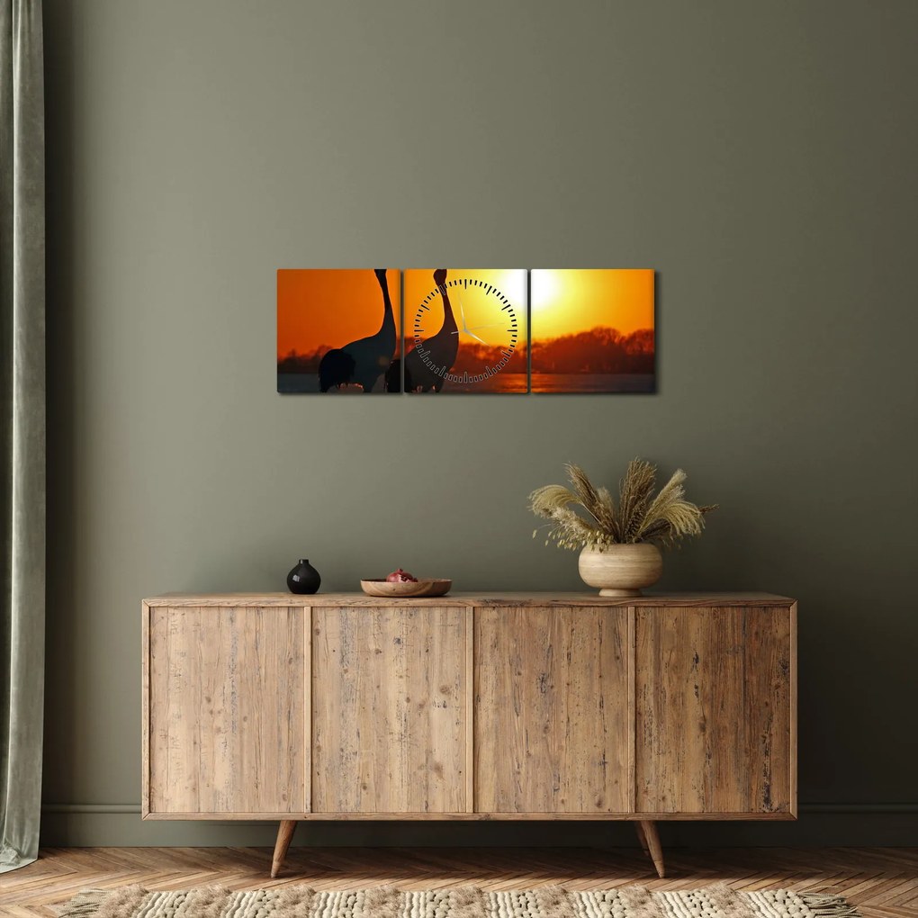 Tablou cu păsări în apus de soare (cu ceas) (90x30 cm)