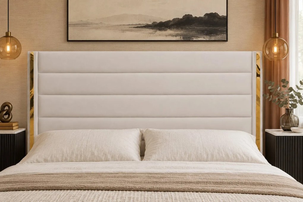 Pat tapițat din catifea Veyra 140×200 cm, crem, detalii aurii, cu ladă de depozitare