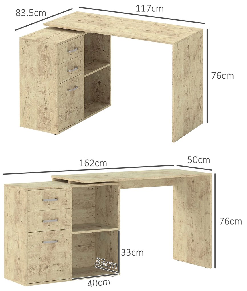 HOMCOM Birou de Colț pentru PC cu 2 Sertare și Rafturi Deschise, Birou de Colț în Formă de L, 117x83,5x76 cm, Lemn Natural | Aosom Romania