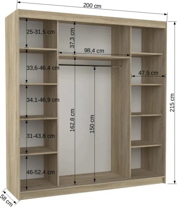 Dulap cu uși glisante DALMATIA – cu oglindă – 200x58x215 cm – Alb / Sonoma