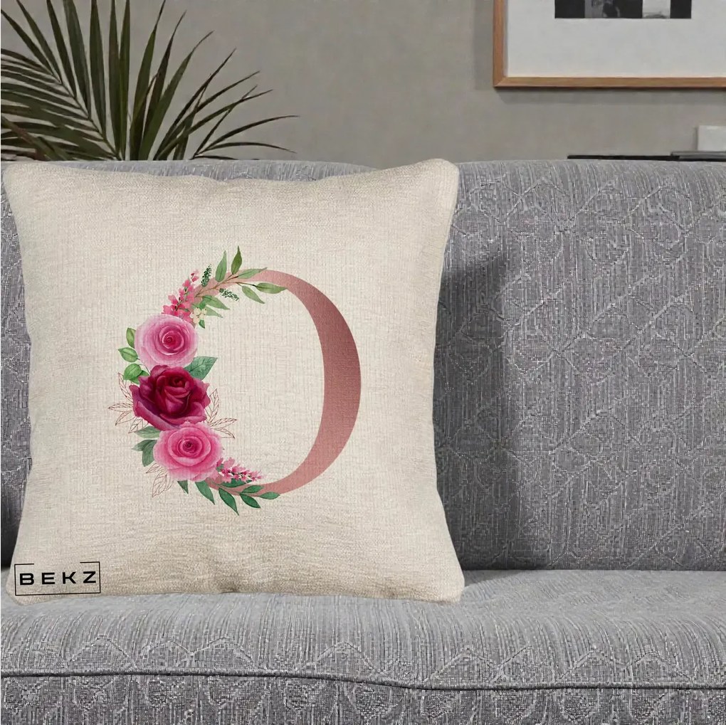 Cadou Personalizat - Perna Personalizata Monograma Rose Gold Litera O, 40x40 cm, Bej Canapea, Husa Detasabila, Perna Inclusa, BEKZ®