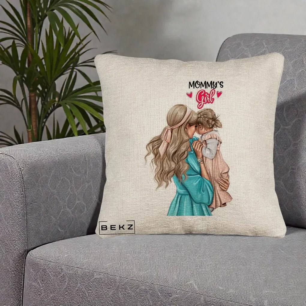 Cadou pentru Mama - Perna Personalizata Mommy's Girl Mama si Fetita, 40x40 cm, Bej Canapea, Husa Detasabila, Perna Inclusa, BEKZ®