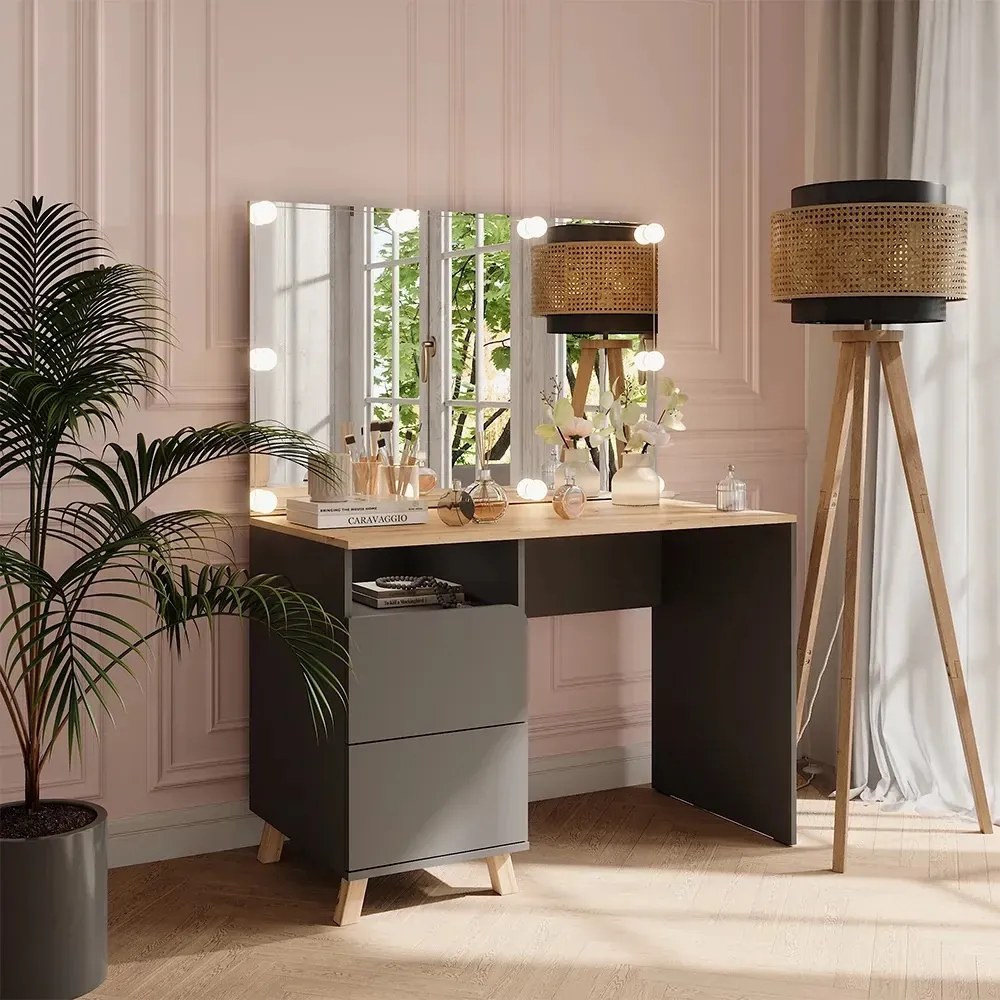 Masuta machiaj cu Oglinda LED si 2 Sertare pentru Cosmetice, Set Masa toaleta 110 cm, Gri, masuta cosmetica, vanity - SEG18