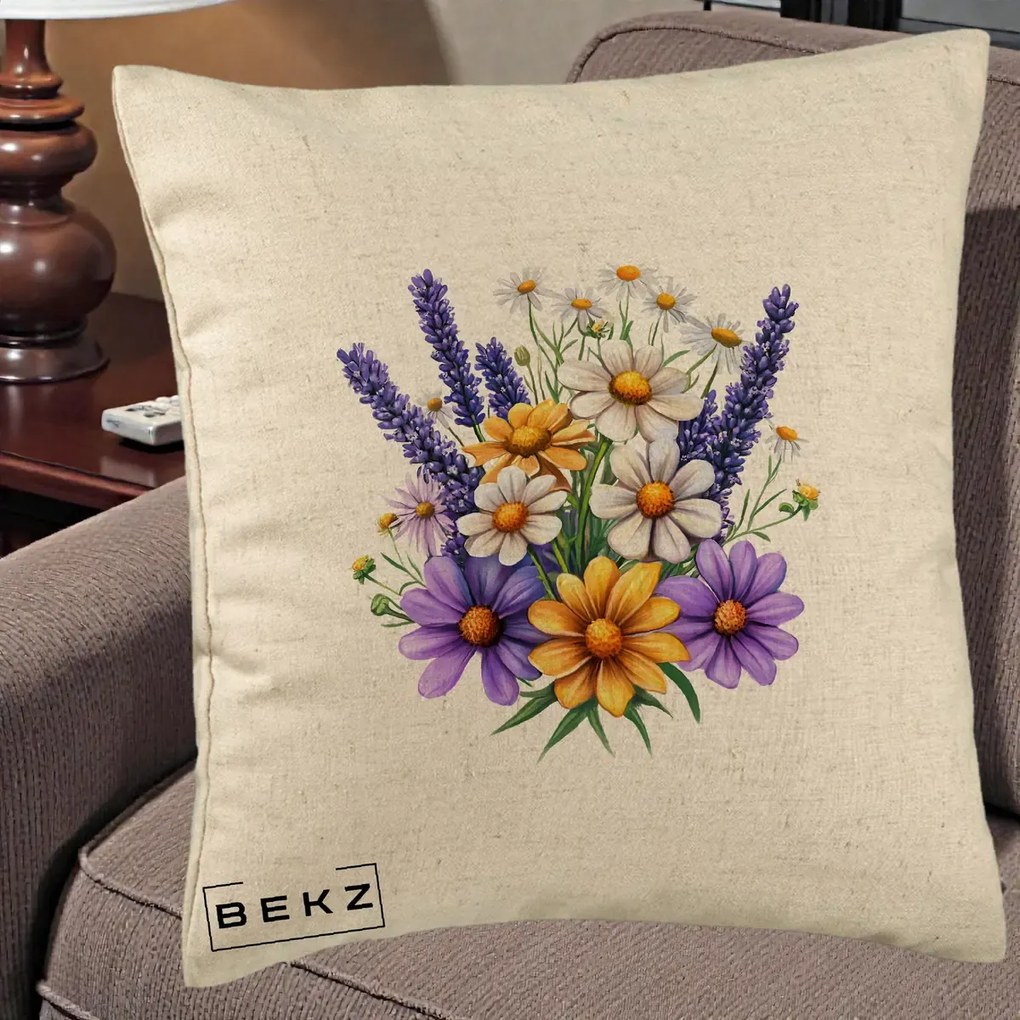 Perna Decorativa Lavanda Musetel si Flori Mov, 40x40 cm, Bej, Husa Detasabila, Perna Inclusa, BEKZ®