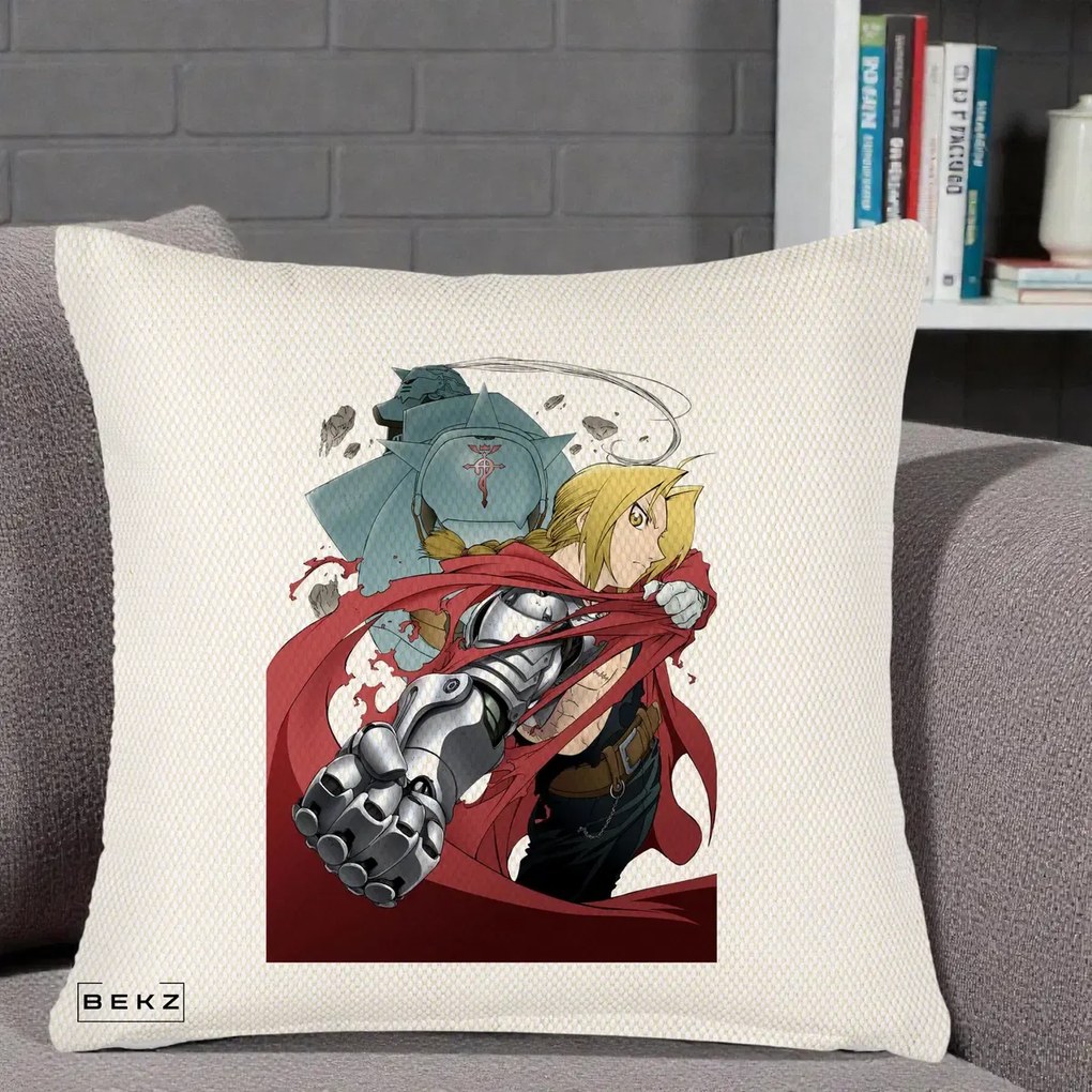 Perna Personalizata Fullmetal Alchemist Brotherhood Edward si Al Poster, 40x40 cm, Crem Reliefat, Husa Detasabila, Perna Inclusa, BEKZ®