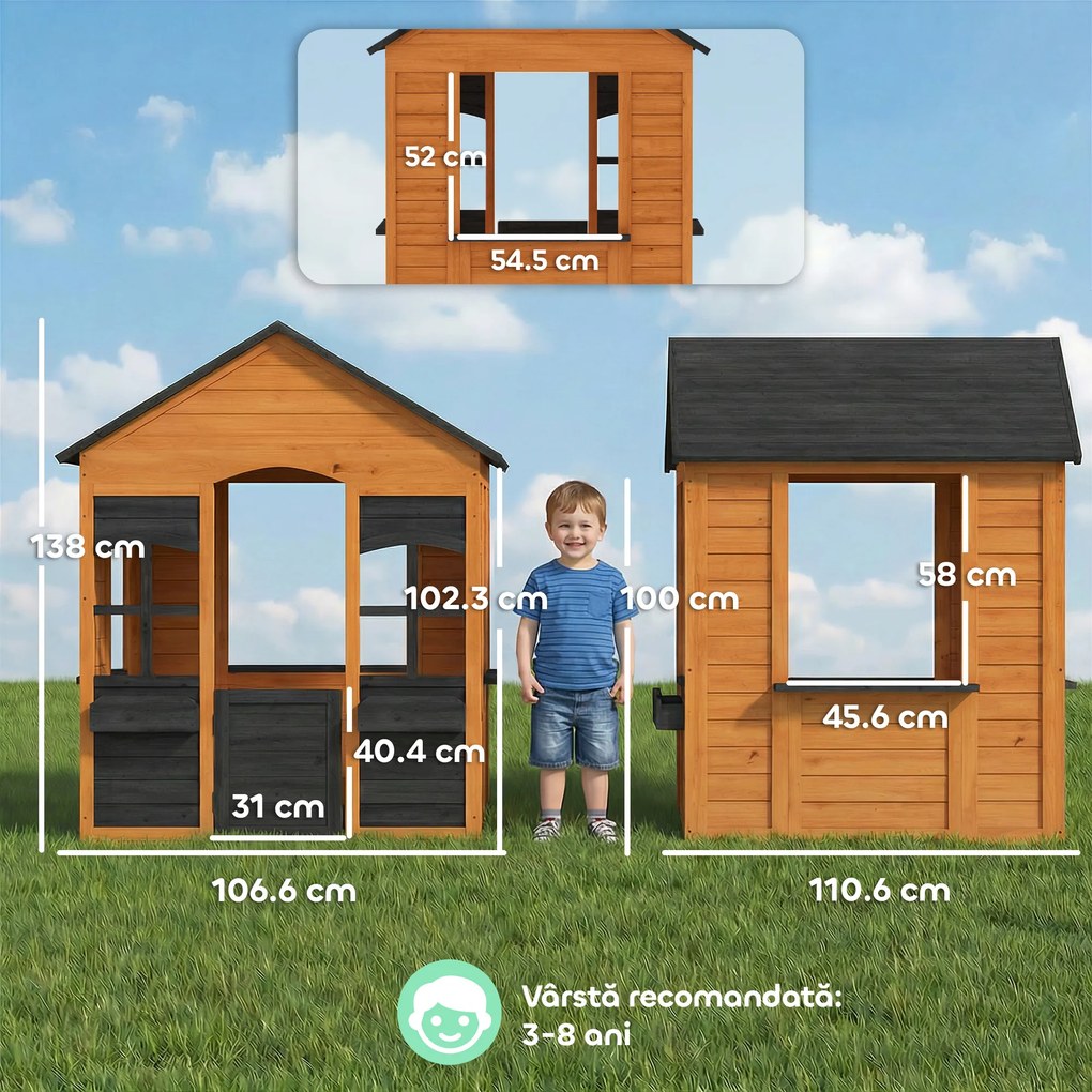 AIYAPLAY Căsuță din Lemn Copii cu Jardiniere, pentru Joacă Exterior/Interior, Vârsta 3-8, Maro | Aosom Romania