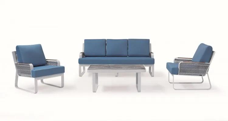 Set mobilier pentru gradina / terasa, Kontes Albastru / Alb, 2 fotolii + canapea 3 locuri + masa de cafea