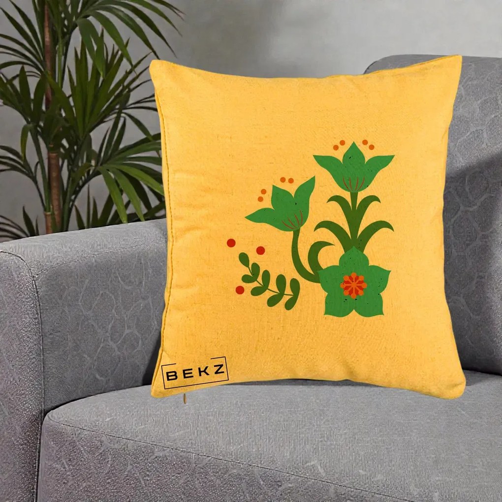 Perna Decorativa Flori Stilizate Folk Turcoaz, 40x40 cm, Galben, Husa Detasabila, Perna Inclusa, BEKZ®