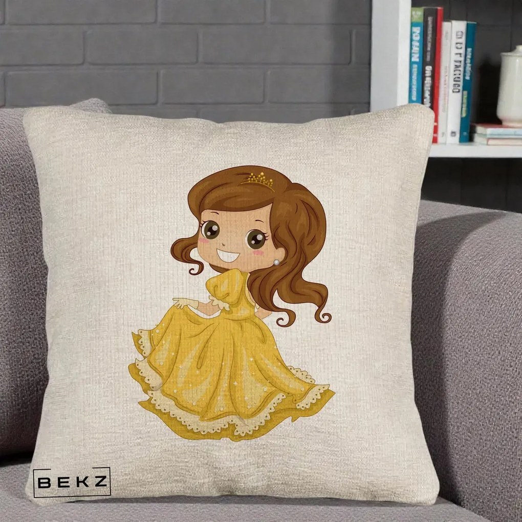 Perna Decorativa Printesa Bella Rochie Aurie, 40x40 cm, Bej Canapea, Husa Detasabila, Perna Inclusa, BEKZ®