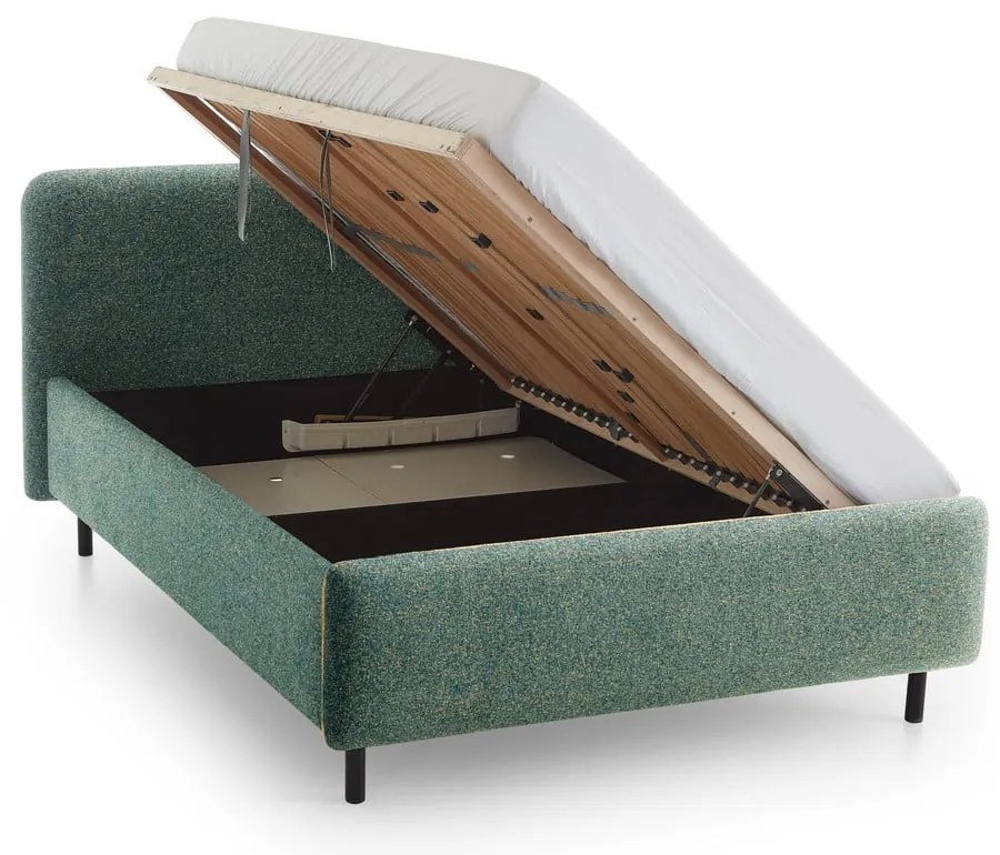 Pat matrimonial verde închis tapițat cu spațiu de depozitare cu somieră 140x200 cm Primo – Meise Möbel